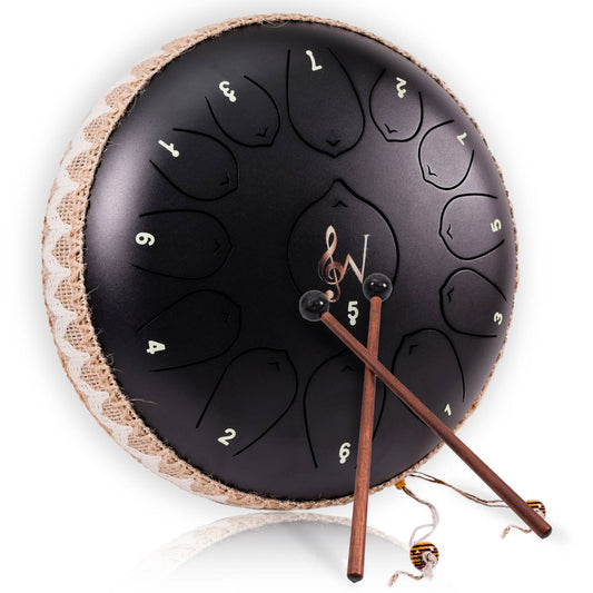 12-Inch Steel Tongue Drum - 13 Notes - Rain Drum - Black
