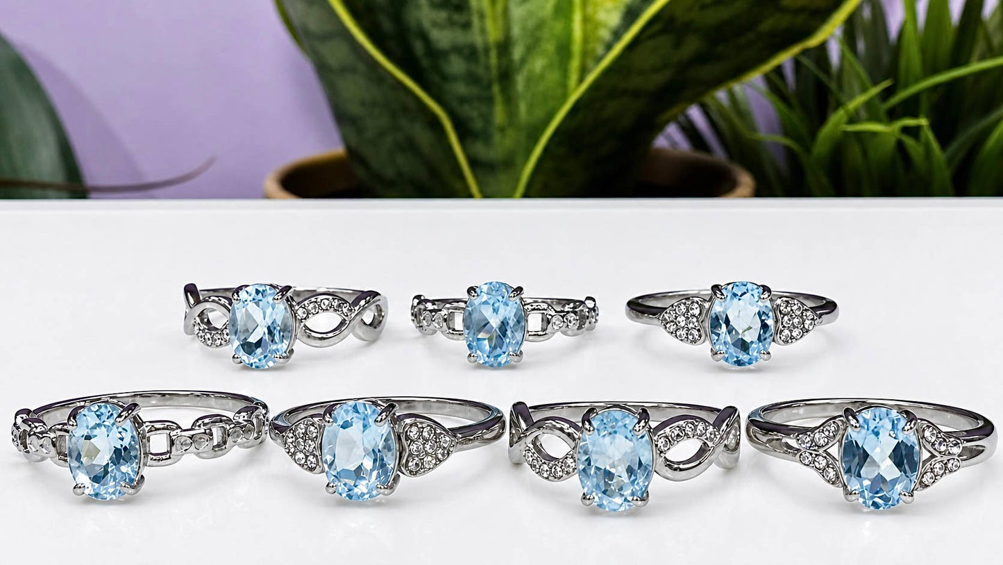 Faceted Natural Blue Topaz Stainless Steel Rings 7x9mm
