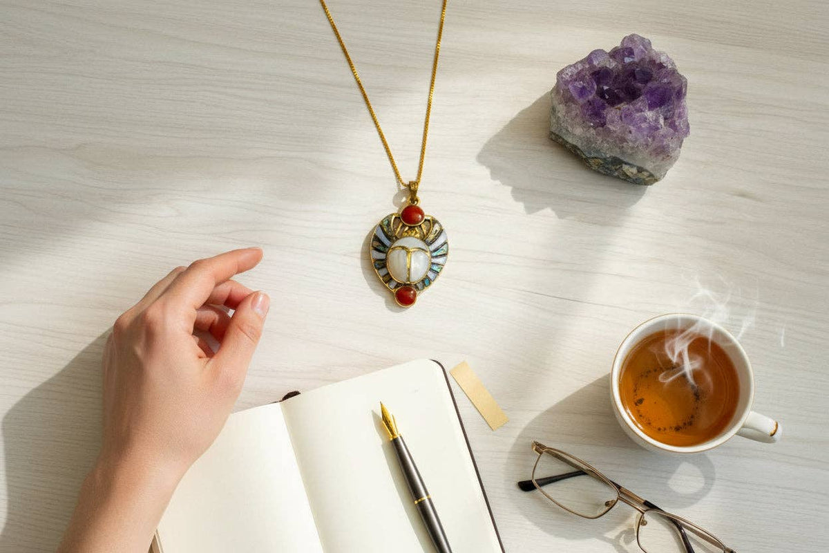 Gold Royal Scarab Pendant Necklace, Mother of Pearl Egyptian Revival Jewelry: Pendant Only