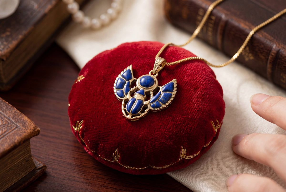 Gold Scarab Lapis Lazuli Pendant Necklace, Egyptian Revival : Pendant Only