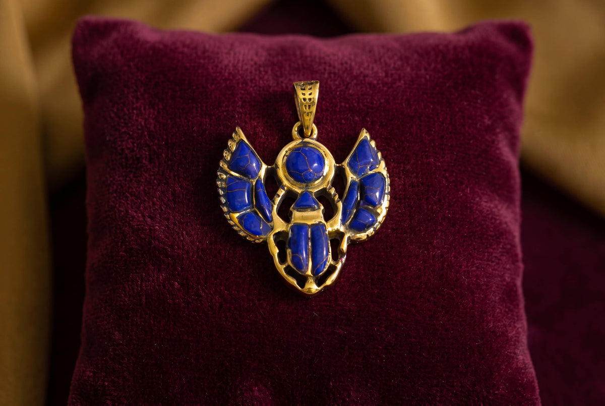 Gold Scarab Lapis Lazuli Pendant Necklace, Egyptian Revival : Pendant Only