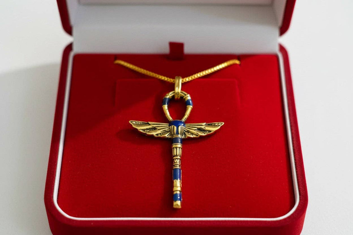 Gold Winged Ankh Pendant Necklace, Egyptian Key of Life Talisman: Pendant Only