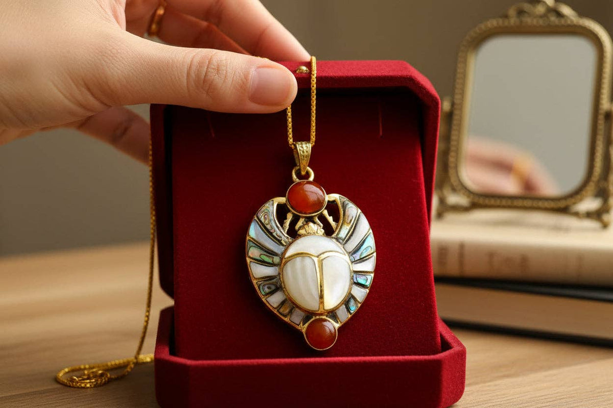 Gold Royal Scarab Pendant Necklace, Mother of Pearl Egyptian Revival Jewelry: Pendant Only