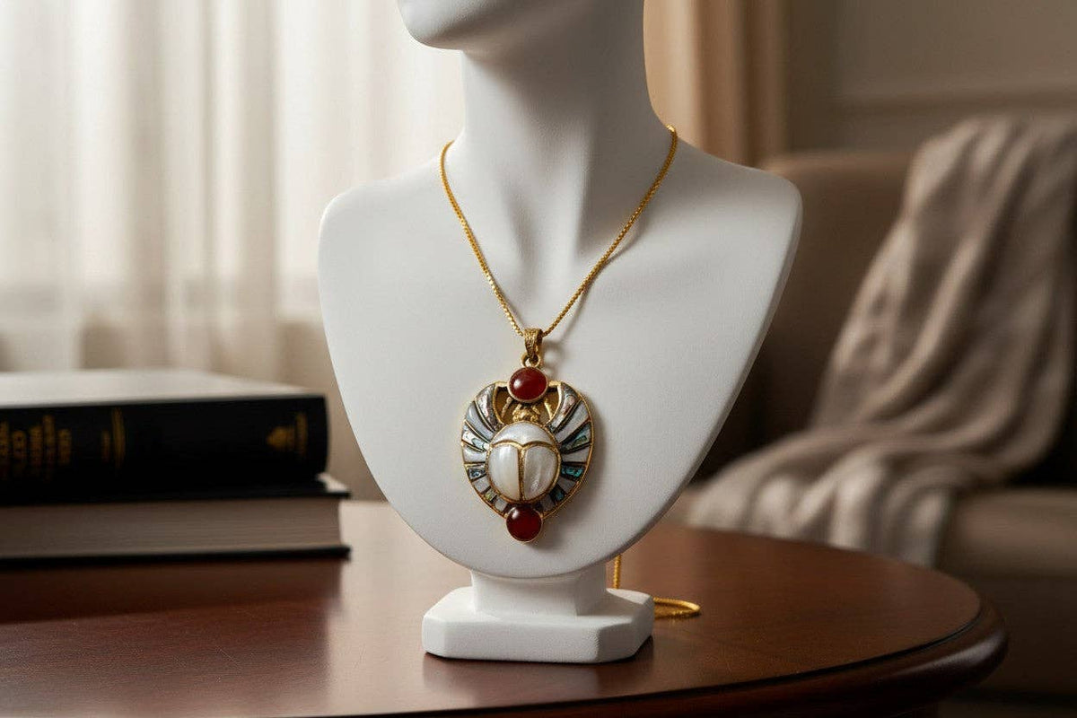 Gold Royal Scarab Pendant Necklace, Mother of Pearl Egyptian Revival Jewelry: Pendant Only