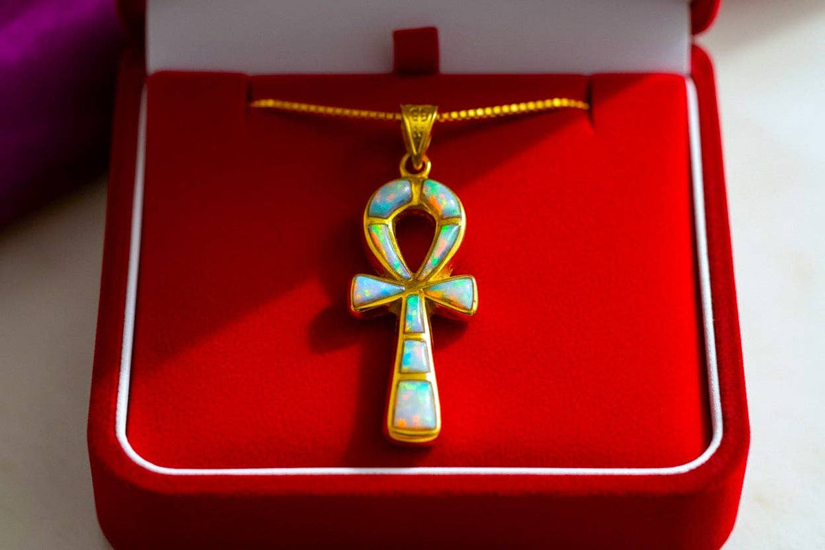 Gold Opal Key Of Life Ankh Pendant, Egyptian Revival Divine Minimalist Necklace: Pendant Only