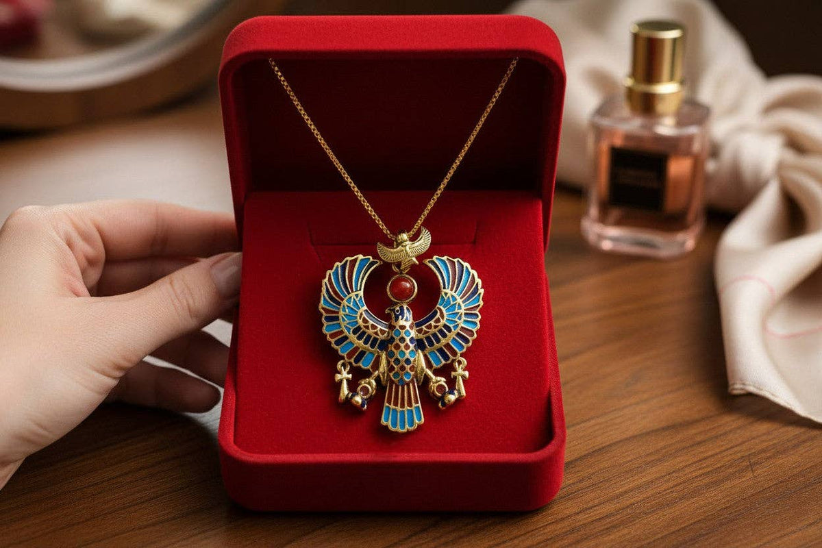 Gold God Horus Large Enamel Pendant, Egyptian Revival Talisman Necklace: Pendant Only