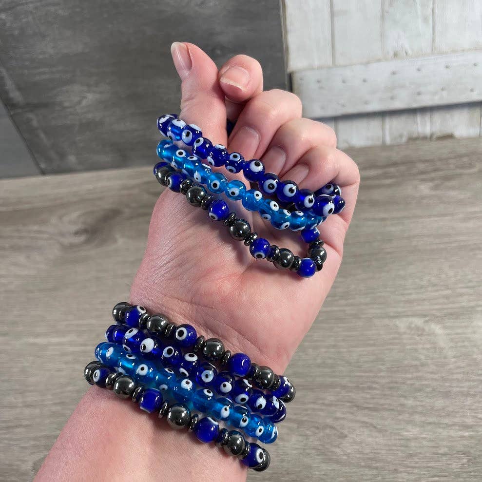 Evil Eye Protection Beaded Bracelet – Wholesale Spiritual Jewelry for Boutiques: Light Blue Glass Only by Each