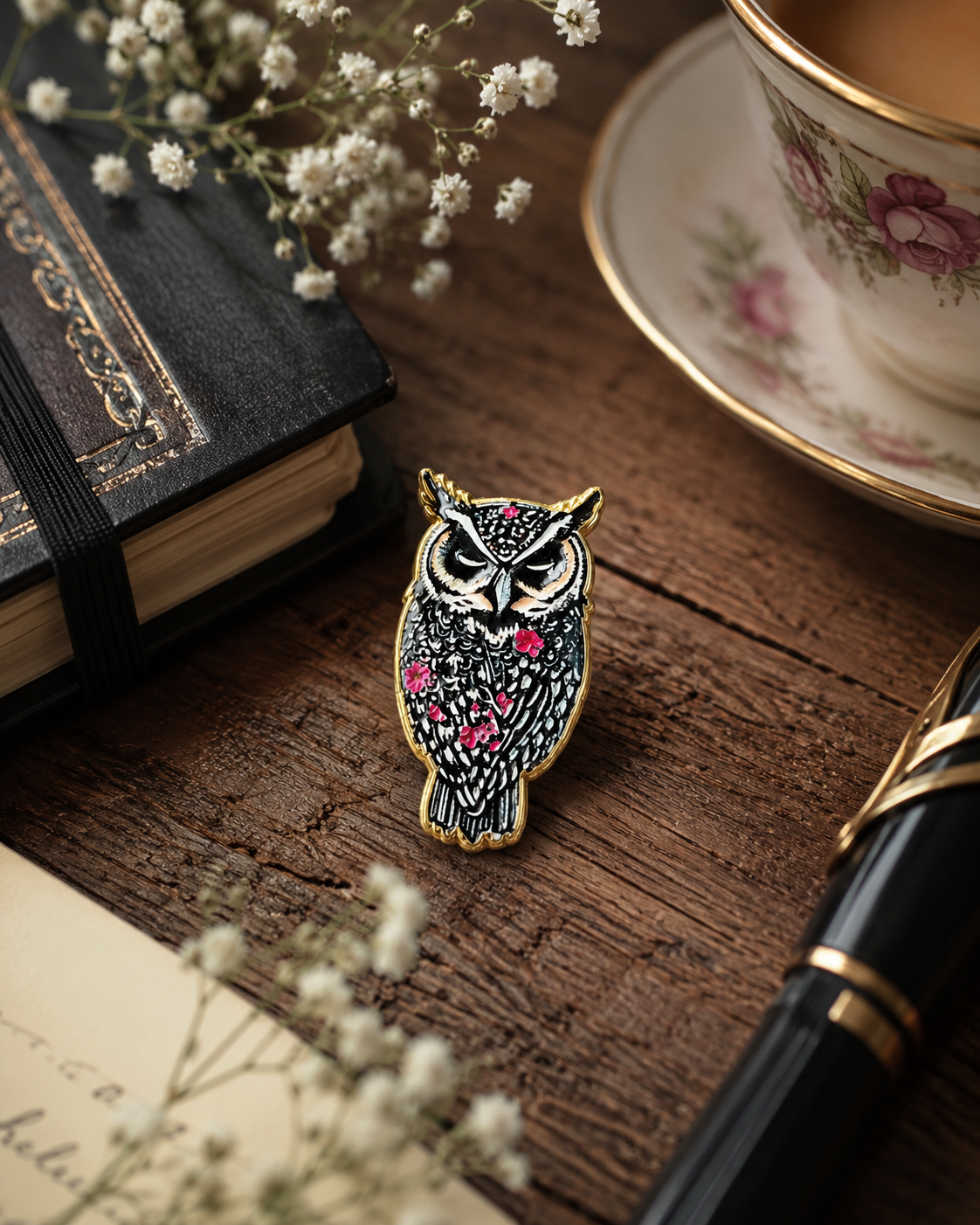 Midnight Bloom Folk Owl Pin