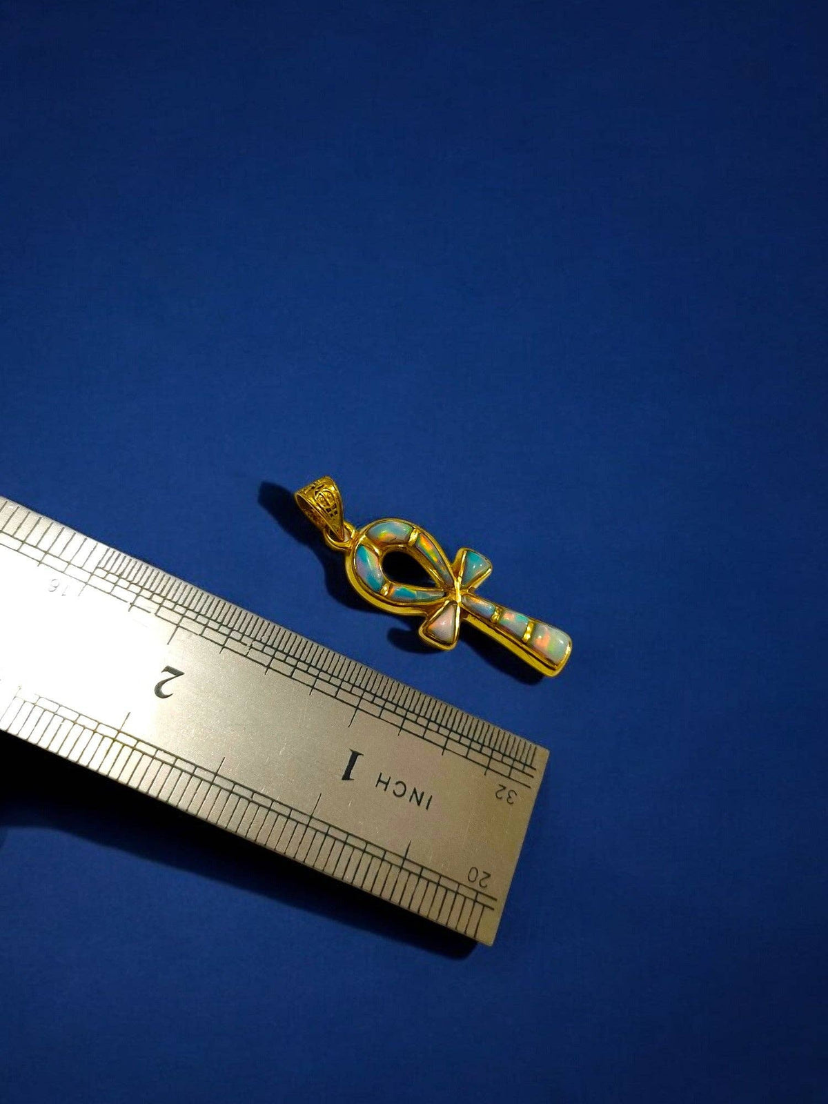 Gold Opal Key Of Life Ankh Pendant, Egyptian Revival Divine Minimalist Necklace: Pendant Only