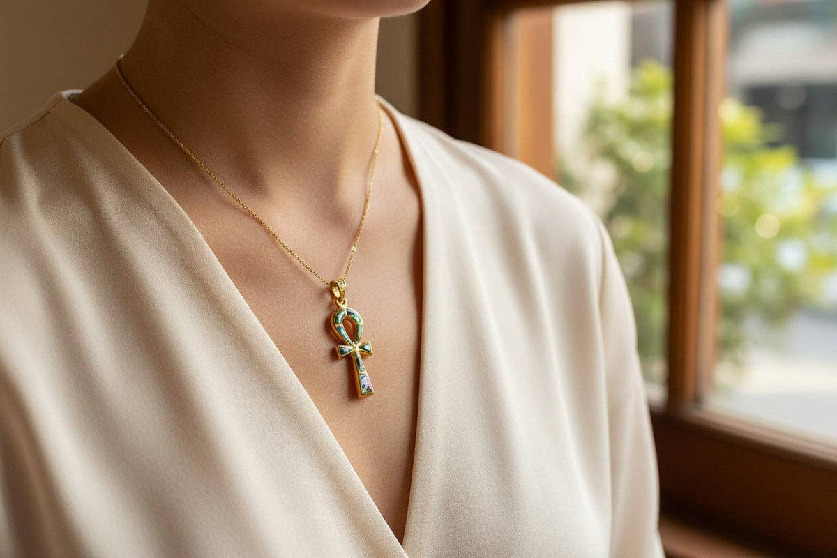 Gold Key of Life Pendant, Egyptian Abalone Ankh Necklace: Pendant Only