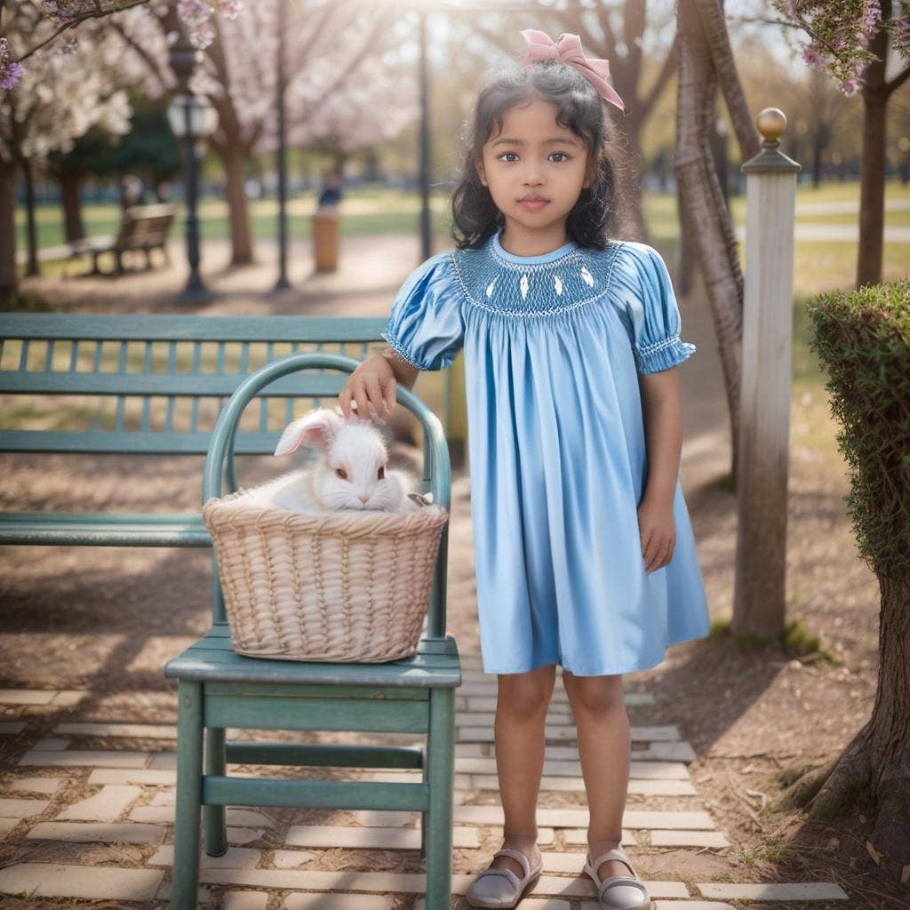 Blue Smocked Bunny Short Sleeve Bishop Dress: 3 months
