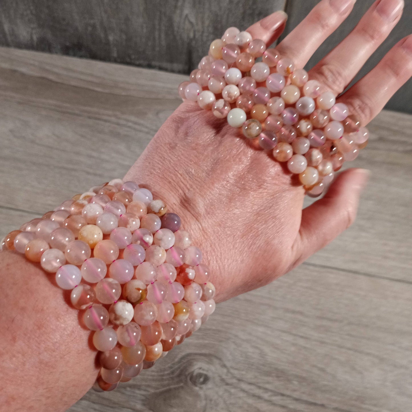 8mm Round Gemstone Beaded Bracelets – Assorted Crystals Bulk: Pink Tourmaline in Quartz