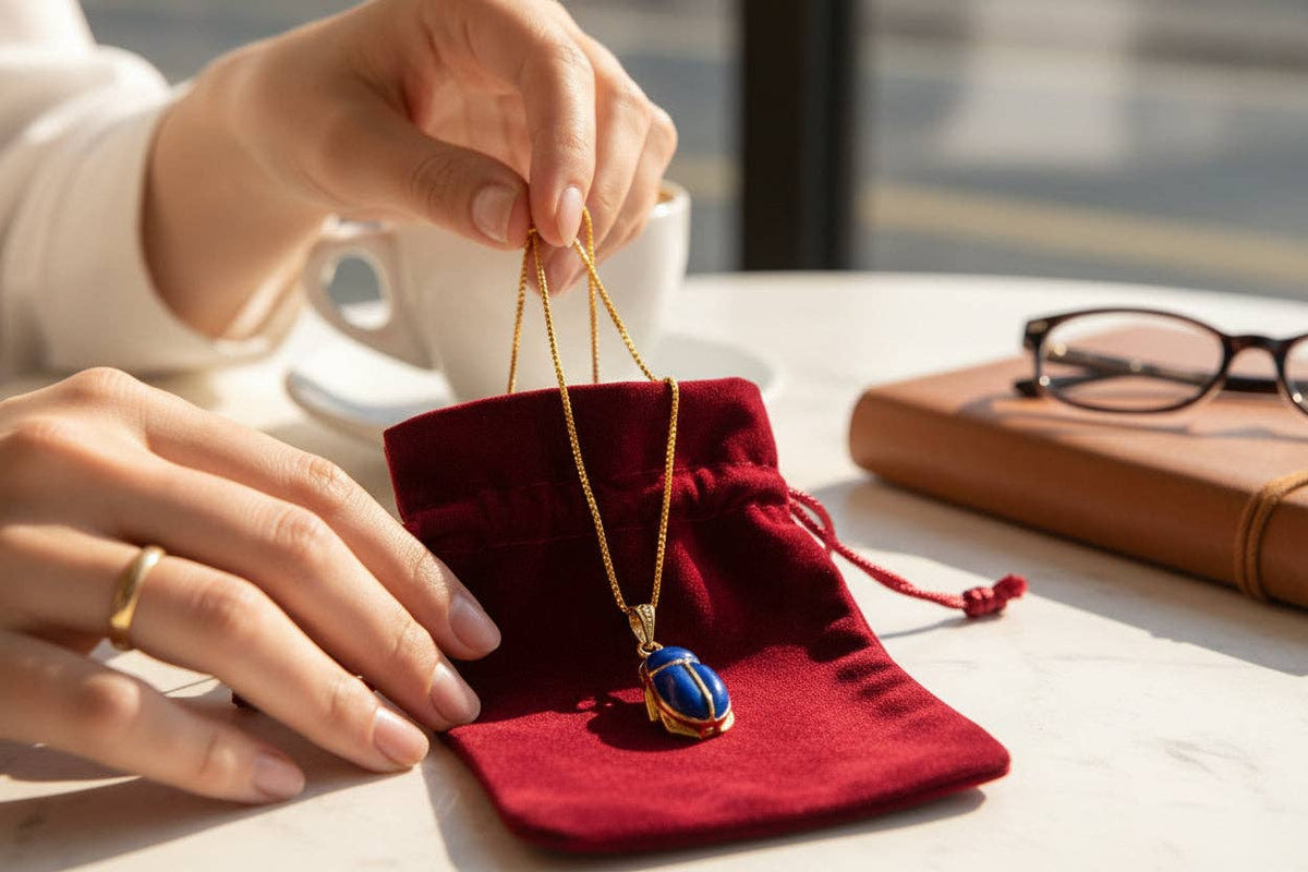Gold Egyptian Scarab Lapis Lazuli Necklace, Handmade Talisman Divine Pendant: Pendant Only