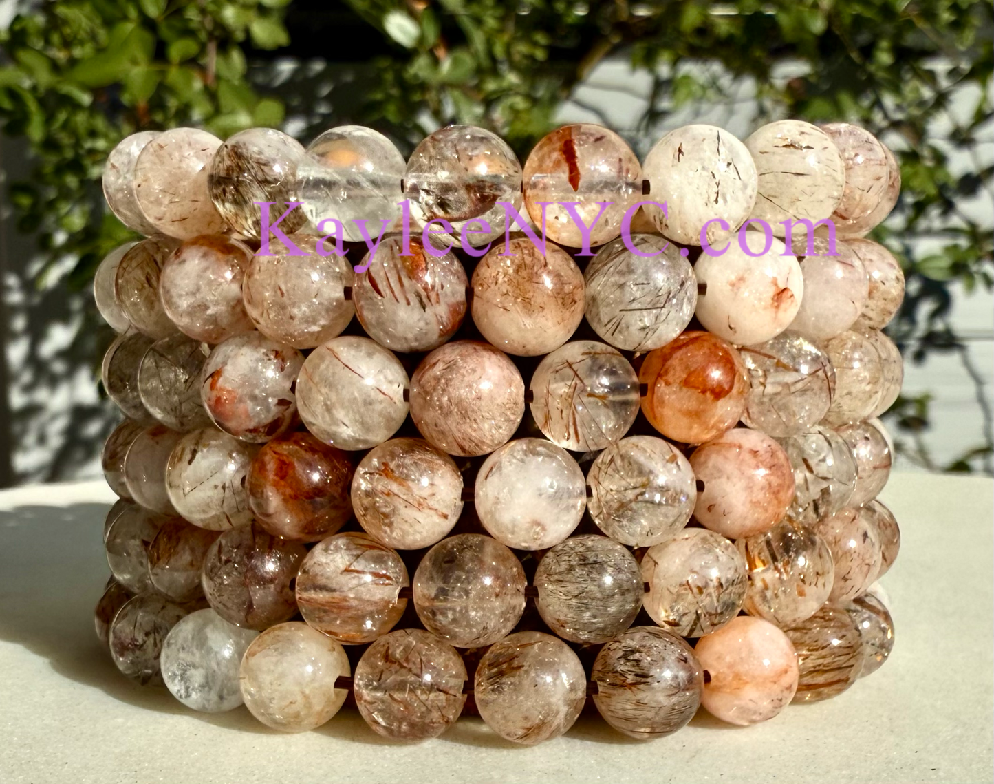 8mm Natural Rutilated Quartz Crystal Stretch Bracelet 7.5"