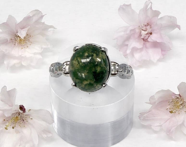 Natural Moss Agate Stainless Steel Rings 10x12mm