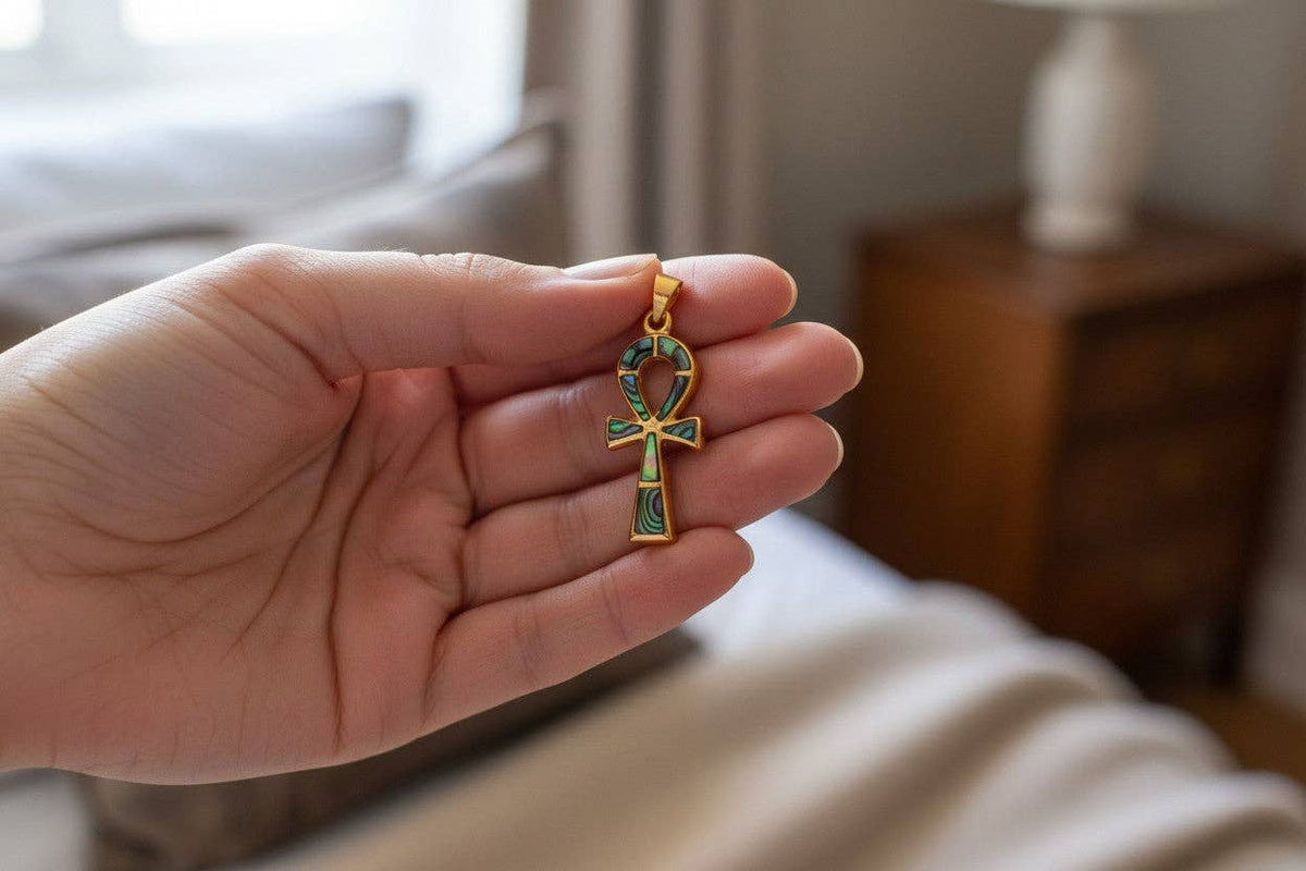 Gold Key of Life Pendant, Egyptian Abalone Ankh Necklace: Pendant Only