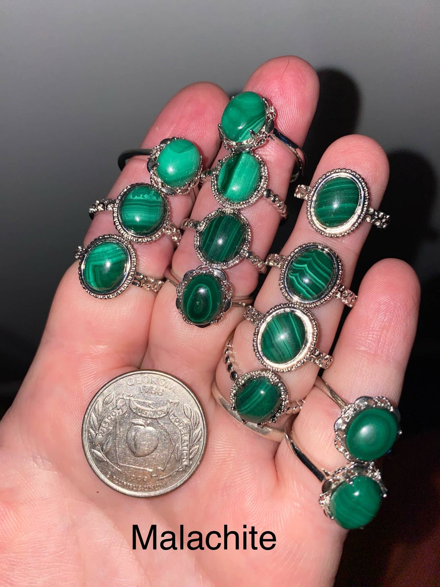 Adjustable Malachite Rings Silver plated Crystal Rings