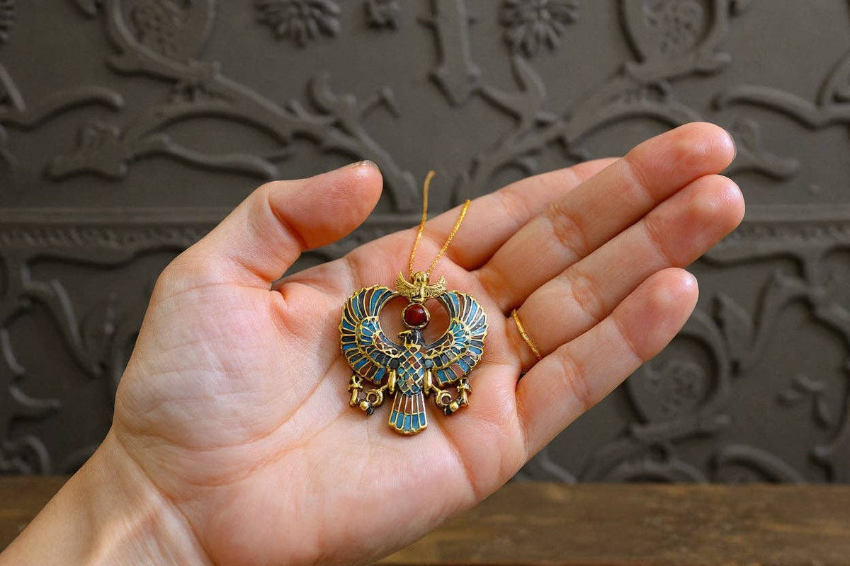 Gold God Horus Large Enamel Pendant, Egyptian Revival Talisman Necklace: Pendant Only