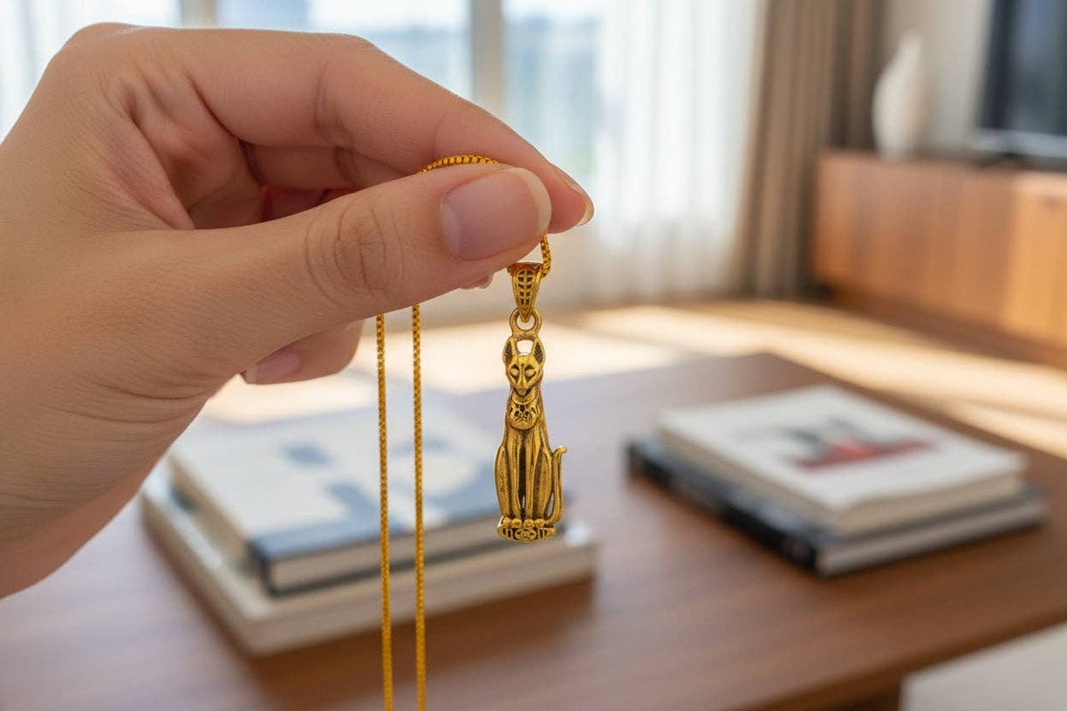 Gold Goddess Bastet Cat Pendant Necklace, Egyptian Revival Jewelry: Pendant Only