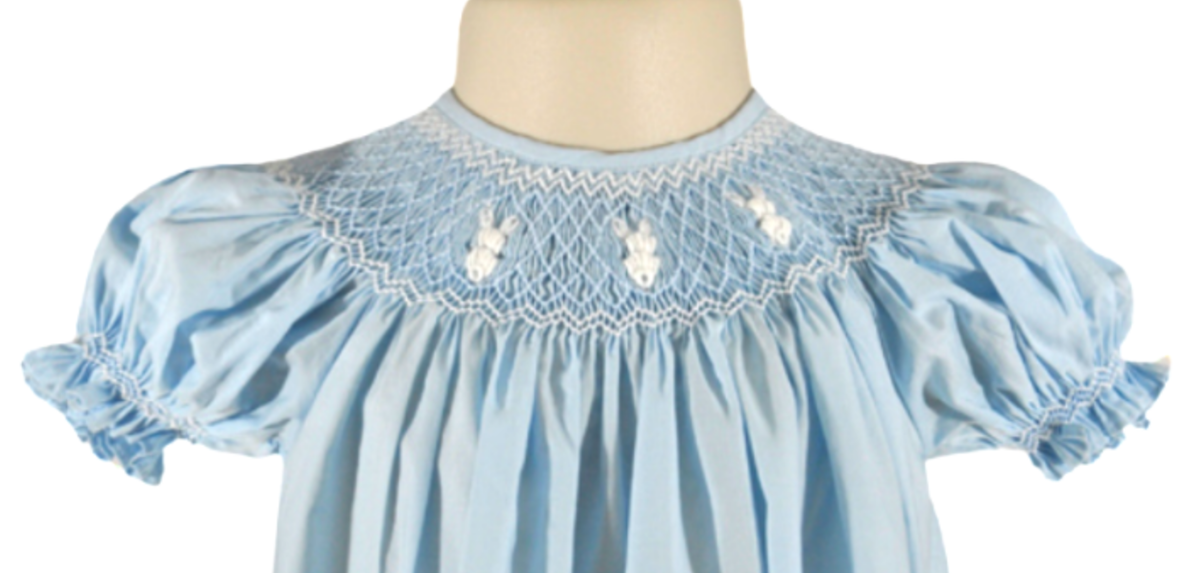 Blue Smocked Bunny Short Sleeve Bishop Dress: 3 months