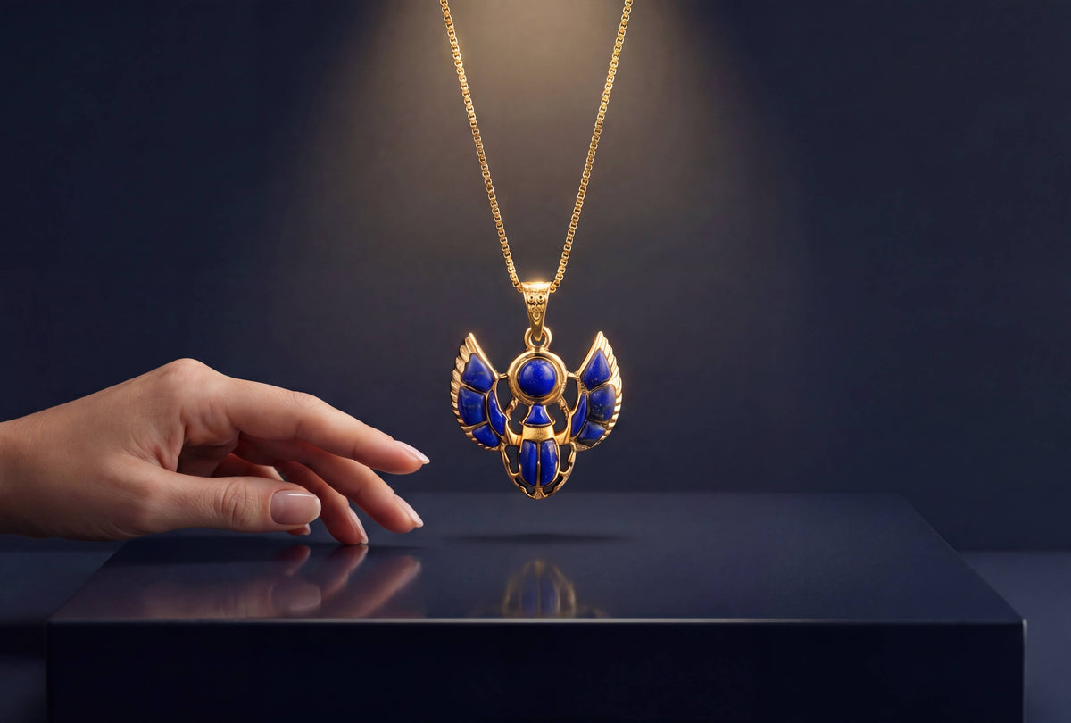 Gold Scarab Lapis Lazuli Pendant Necklace, Egyptian Revival : Pendant Only