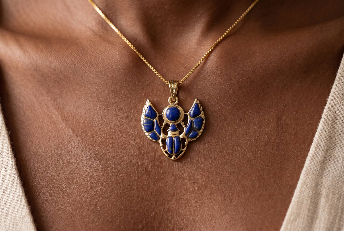 Gold Scarab Lapis Lazuli Pendant Necklace, Egyptian Revival : Pendant Only