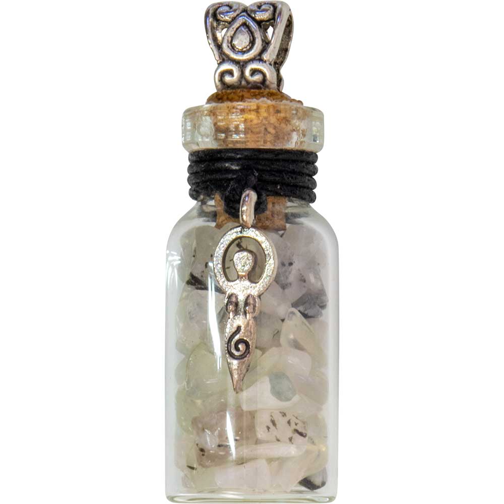 Gemstone Chip Bottle Necklace - Rainbow Moonstone w/ Goddess