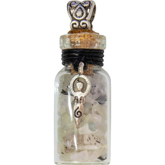 Gemstone Chip Bottle Necklace - Rainbow Moonstone w/ Goddess