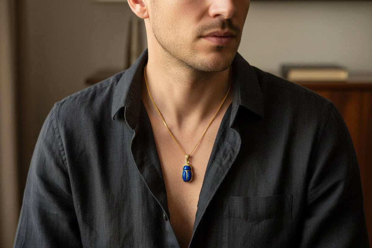 Gold Egyptian Scarab Lapis Lazuli Necklace, Handmade Talisman Divine Pendant: Pendant Only