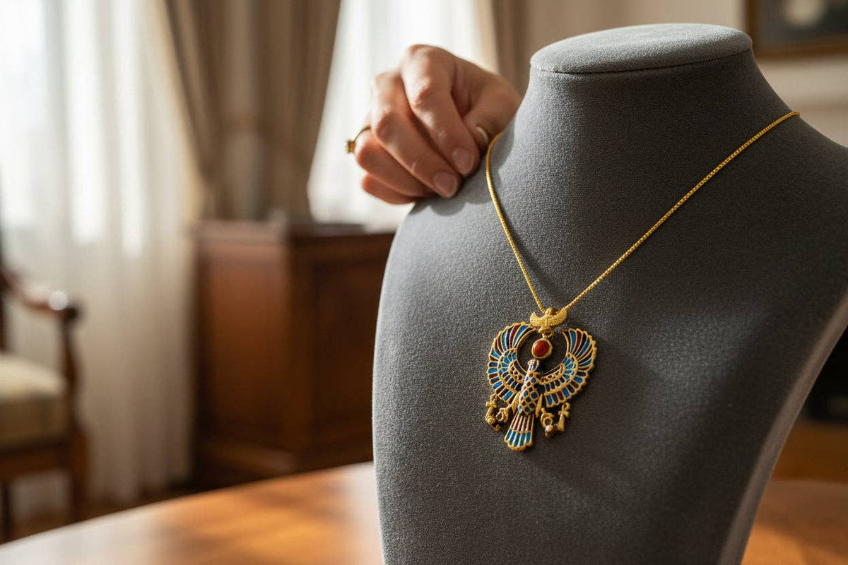 Gold God Horus Large Enamel Pendant, Egyptian Revival Talisman Necklace: Pendant Only