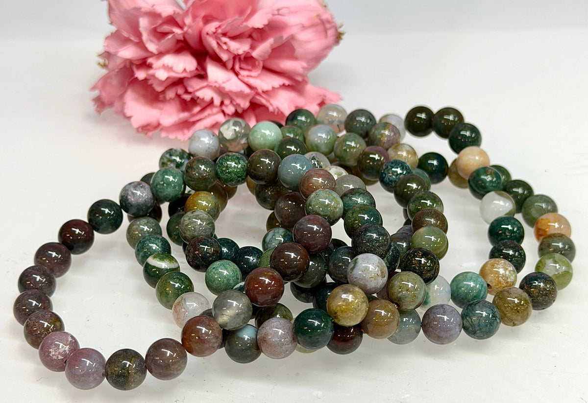 Natural Indian Moss Agate 8mm Crystal Stretch Bracelet 7.5"