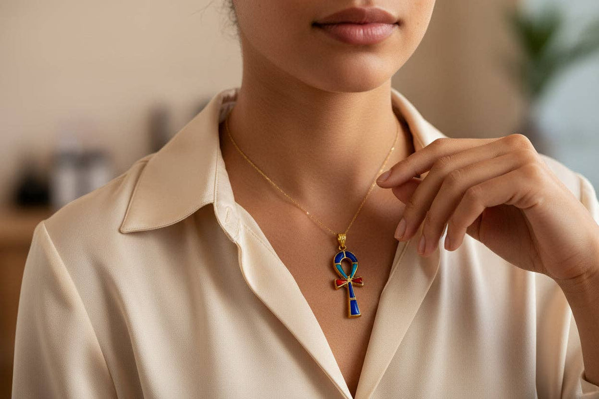 Gold Key Of Life Ankh Pendant Necklace, Lapis Lazuli, Turquoise & Coral Egyptian Jewelry: Pendant Only