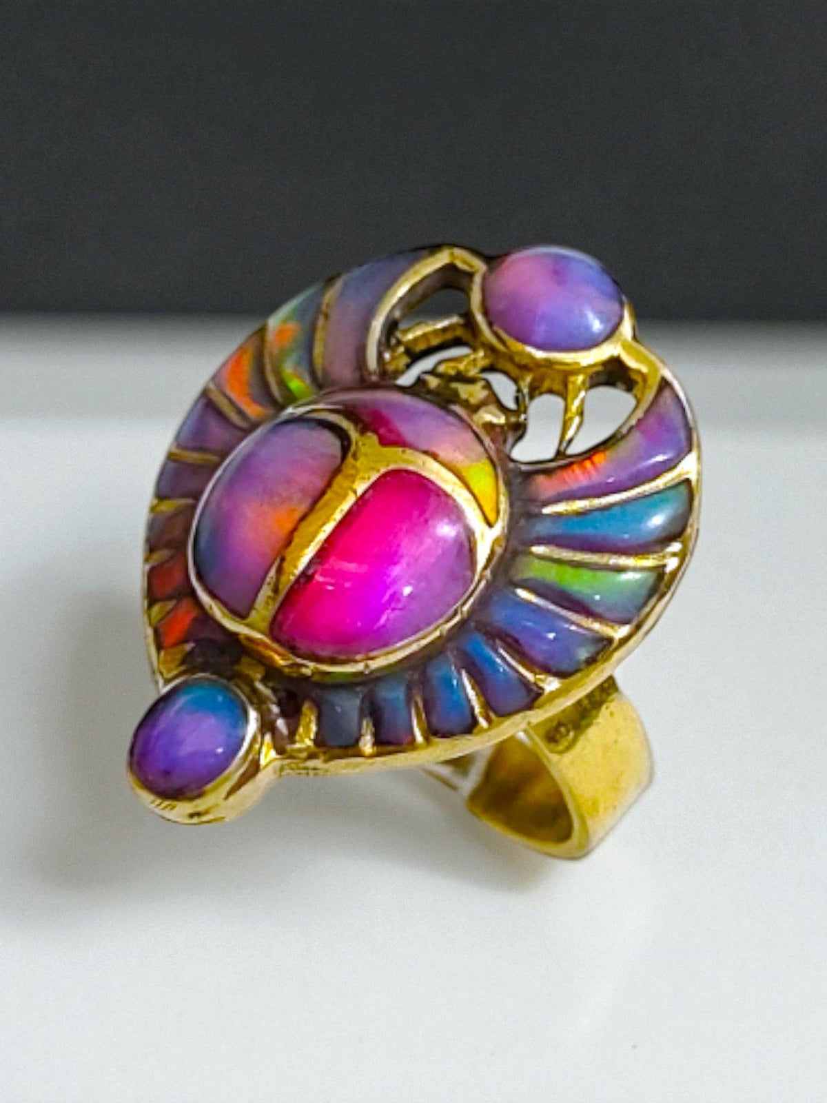 Opal Pinky Gold Scarab Ring, Egyptian Talisman, Adjustable Ring