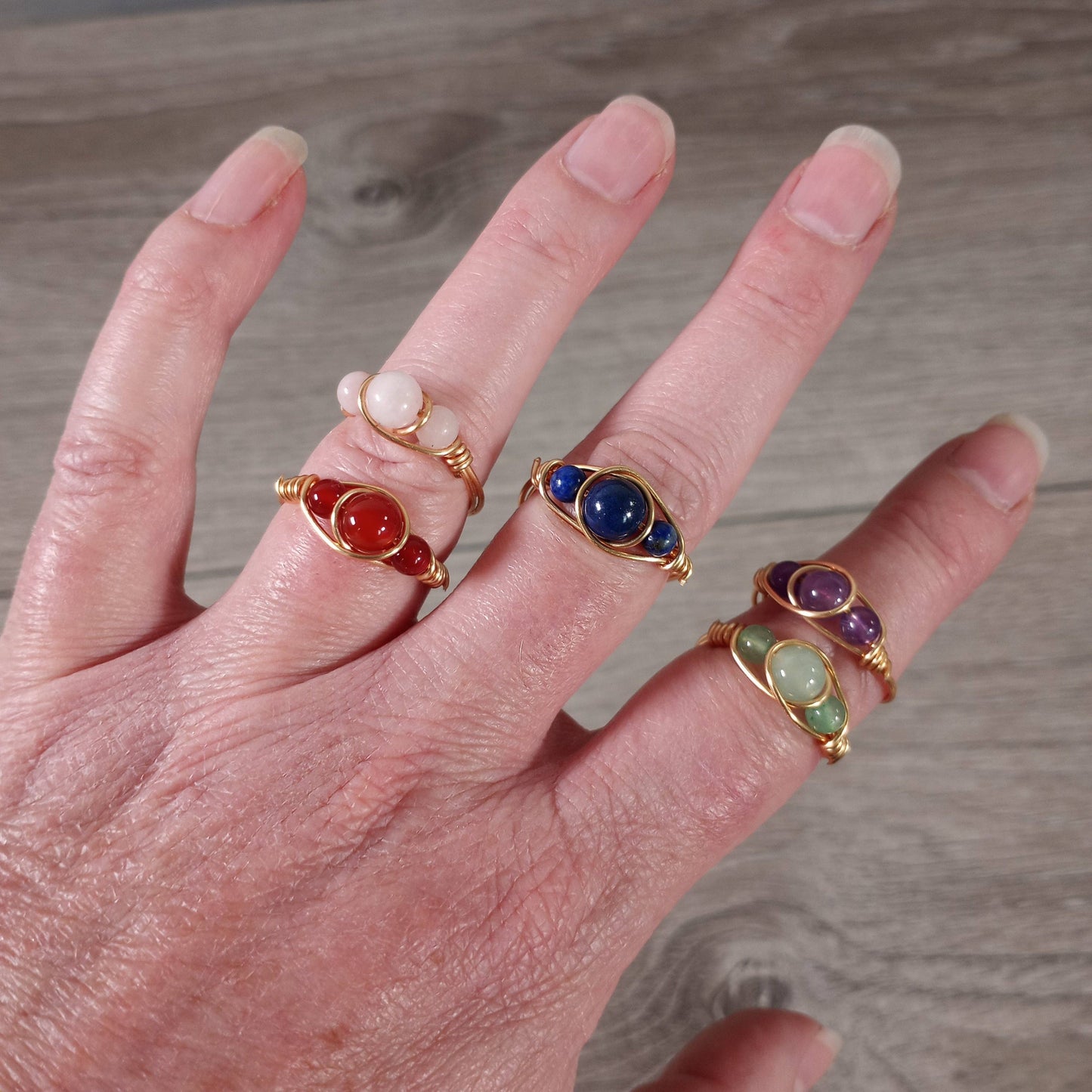 Gold-Plated Copper Wire Gemstone Rings – Assorted Crystals: 3 bead