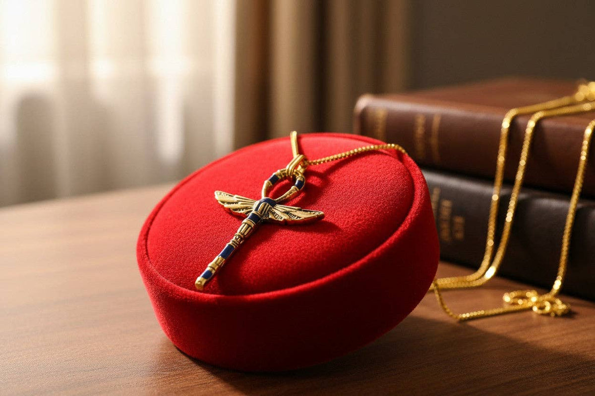Gold Winged Ankh Pendant Necklace, Egyptian Key of Life Talisman: Pendant Only