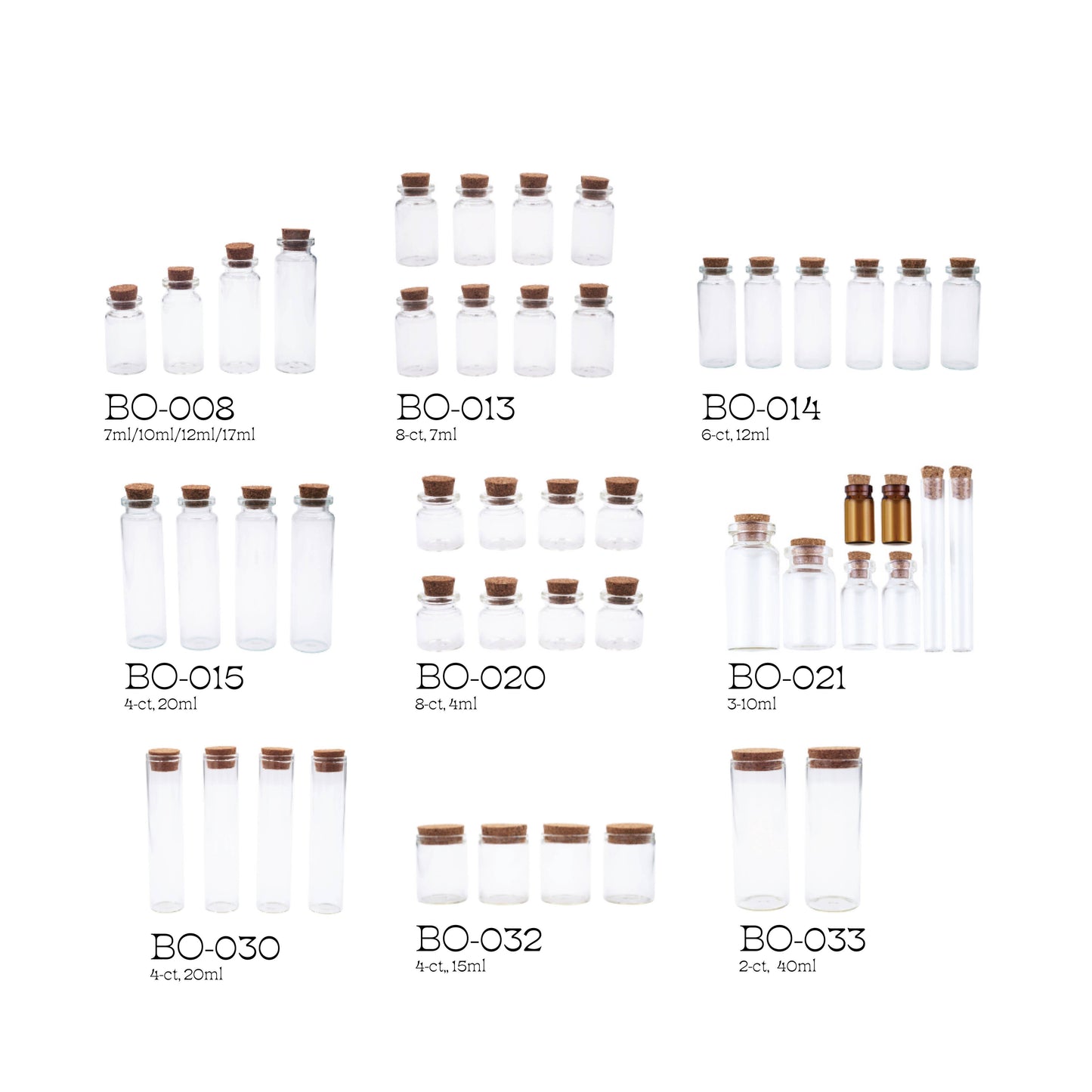 Small Glass Bottle w/ Cork Cap: BO-008 2cm x 4.5-7.5cm (4-ct)