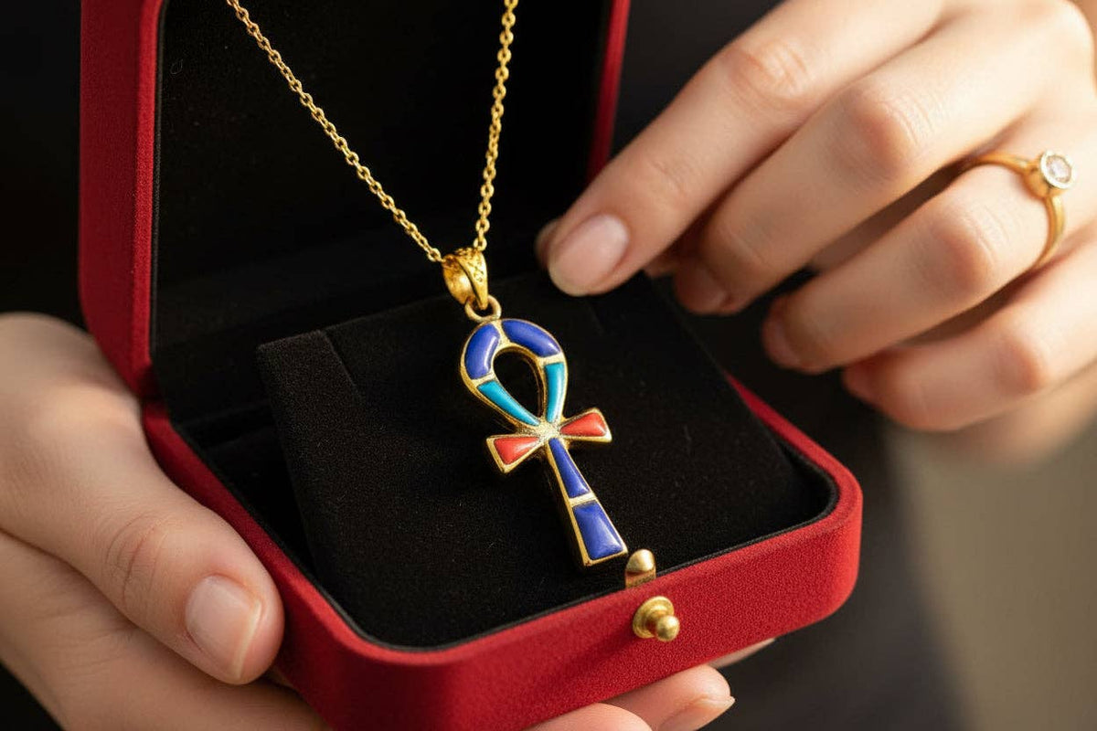 Gold Key Of Life Ankh Pendant Necklace, Lapis Lazuli, Turquoise & Coral Egyptian Jewelry: Pendant Only